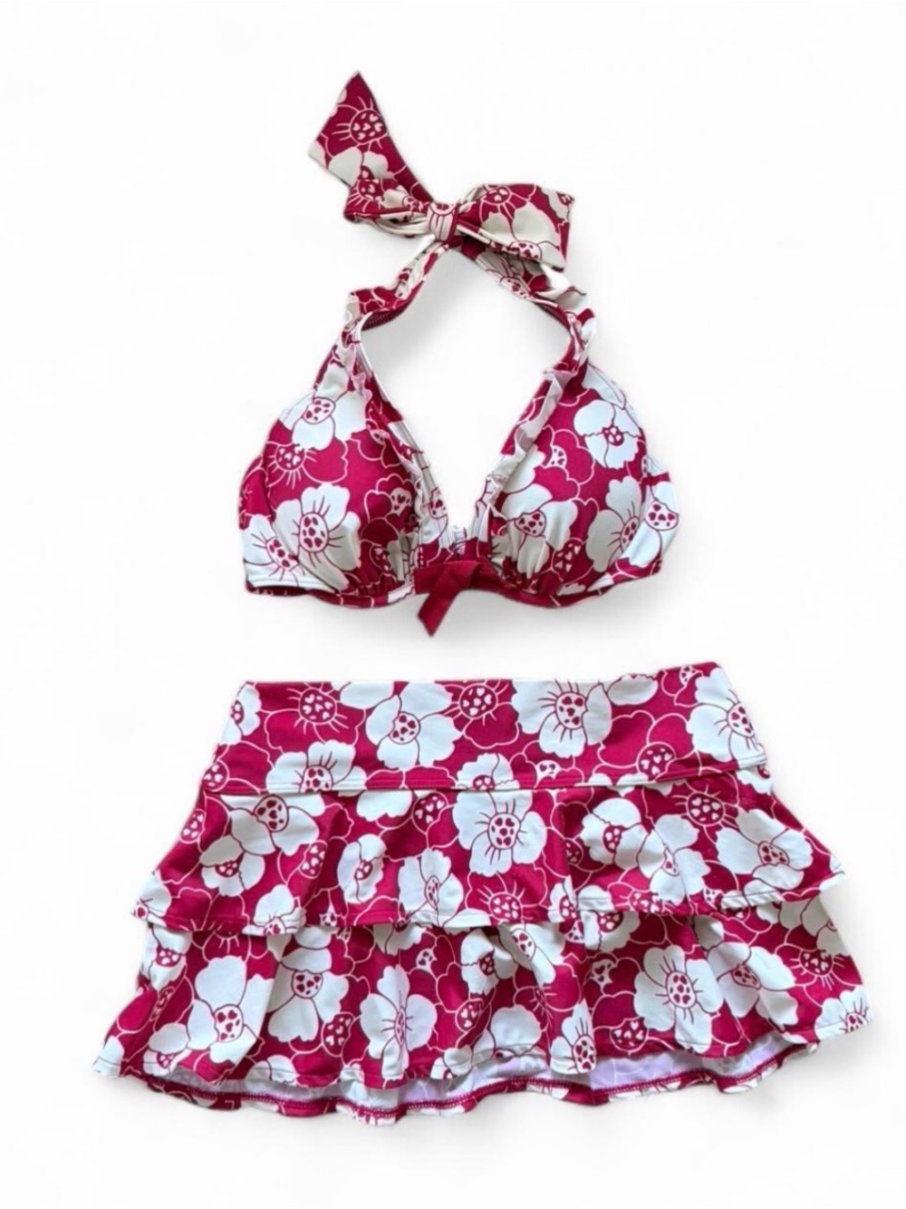 Floral Three-Piece Bikini Set in Fuchsia and White